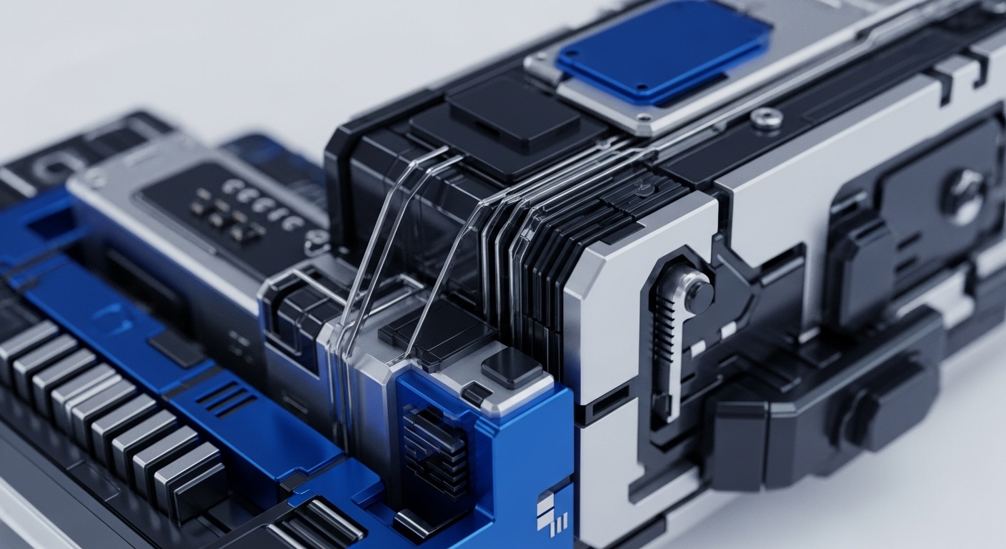 This detailed view reveals a sophisticated technological assembly, featuring polished metallic surfaces and vibrant blue components, suggesting advanced engineering. This imagery serves as a powerful representation of the complex infrastructure supporting cryptocurrency and blockchain technology