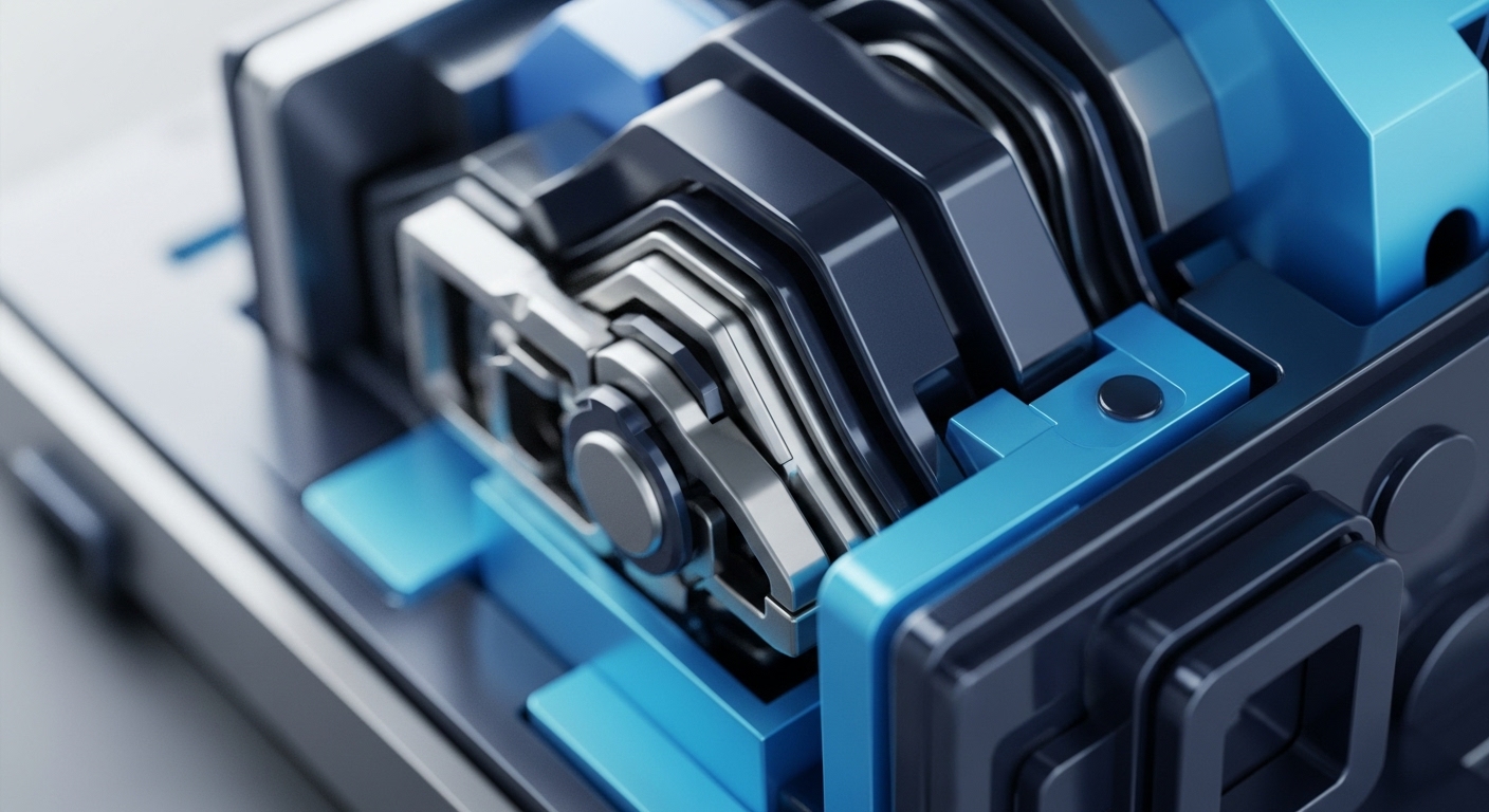 The visual presents a detailed, close-up view of interlocking mechanical parts, predominantly in polished silver and striking electric blue hues. This intricate design visually represents the underlying mechanisms of advanced blockchain technology