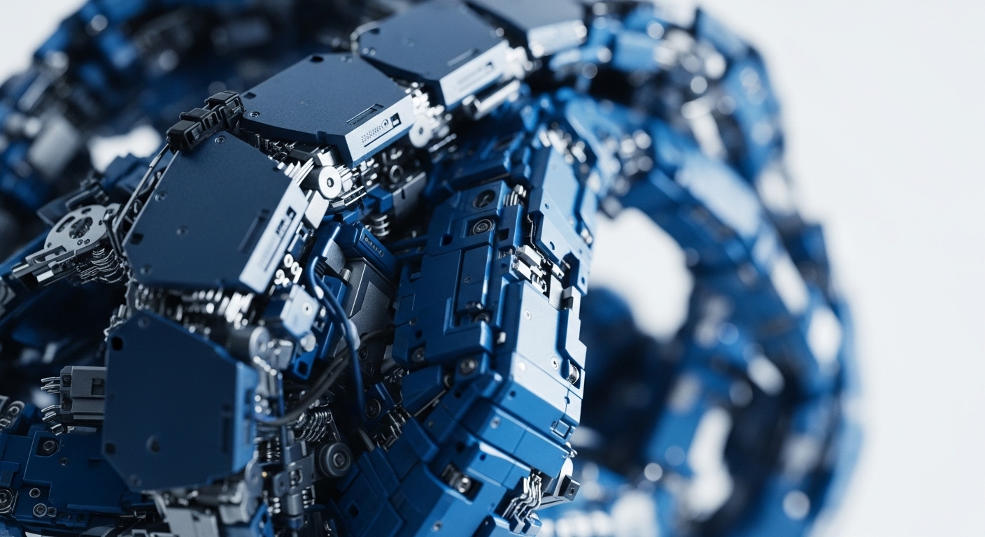 The visual displays a highly detailed, multi-faceted mechanical assembly in deep blue and metallic tones, characterized by interconnected segments and precise engineering. This abstract representation can be interpreted as the complex infrastructure of a decentralized autonomous organization DAO or the intricate workings of a sophisticated blockchain protocol