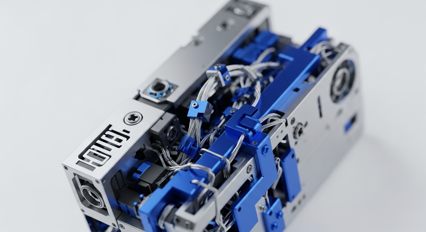 A detailed view reveals a sophisticated mechanical assembly featuring polished metal and vibrant blue structural elements, interwoven with a dense network of thin wires. This intricate construction serves as a powerful visual metaphor for the complex engineering behind modern decentralized finance DeFi protocols and blockchain infrastructure
