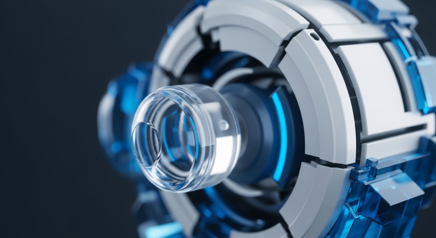 The image displays a highly detailed, abstract spherical mechanism featuring segmented white panels and vibrant translucent blue crystalline elements. A clear, cylindrical conduit is prominently positioned at the forefront, offering a glimpse into the device's sophisticated internal structure, illuminated by bright blue light