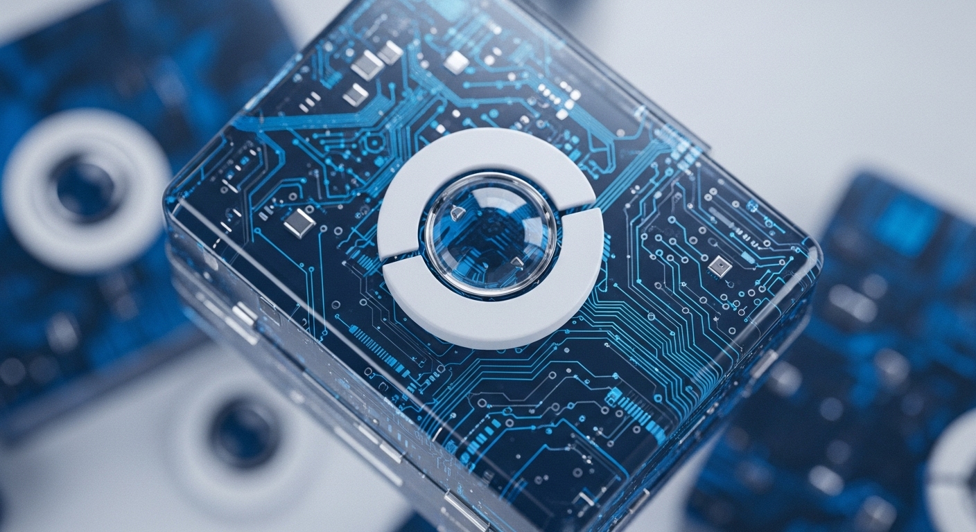 A close-up reveals a translucent cube detailed with vibrant blue circuit pathways, reminiscent of a digital data core. At its apex, a unique circular aperture, bordered by segmented white material, signifies a critical component, perhaps a private key enclave or a consensus mechanism interface