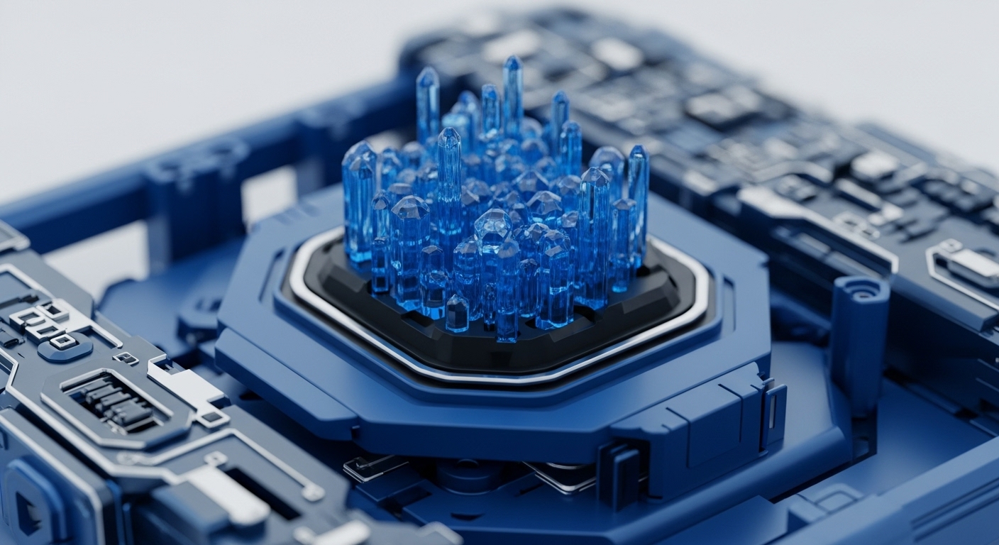A close-up view reveals a detailed blue technological structure with a central cluster of sharp, translucent blue crystalline formations. These crystals, resembling abstract data structures or solidified cryptographic keys, rise from a dark hexagonal base within a larger blue framework