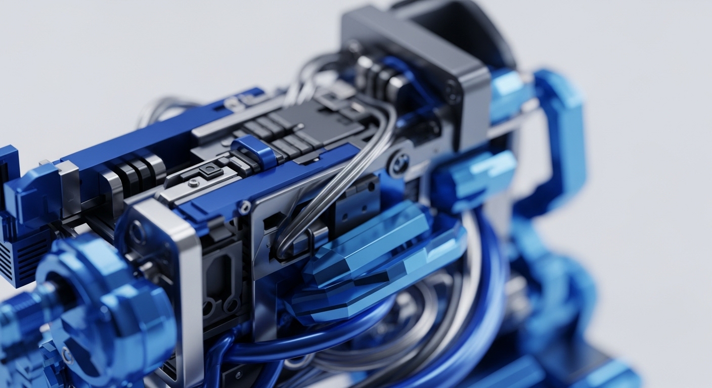 The image displays a highly detailed, abstract mechanical structure with prominent blue and metallic elements, evoking the complex inner workings of technological systems. This visual metaphor delves into the core architecture of blockchain protocols and the intricate mechanisms that power decentralized finance DeFi applications