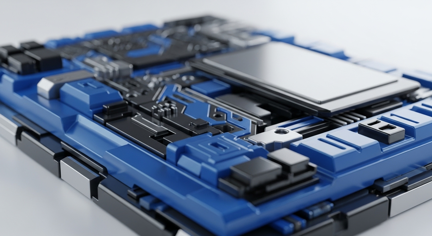 A detailed view showcases a futuristic, modular electronic component, predominantly in vibrant blue with black and silver accents, featuring intricate geometric patterns and raised sections. This visual metaphor represents the foundational architecture of advanced blockchain protocols and decentralized ledger technology