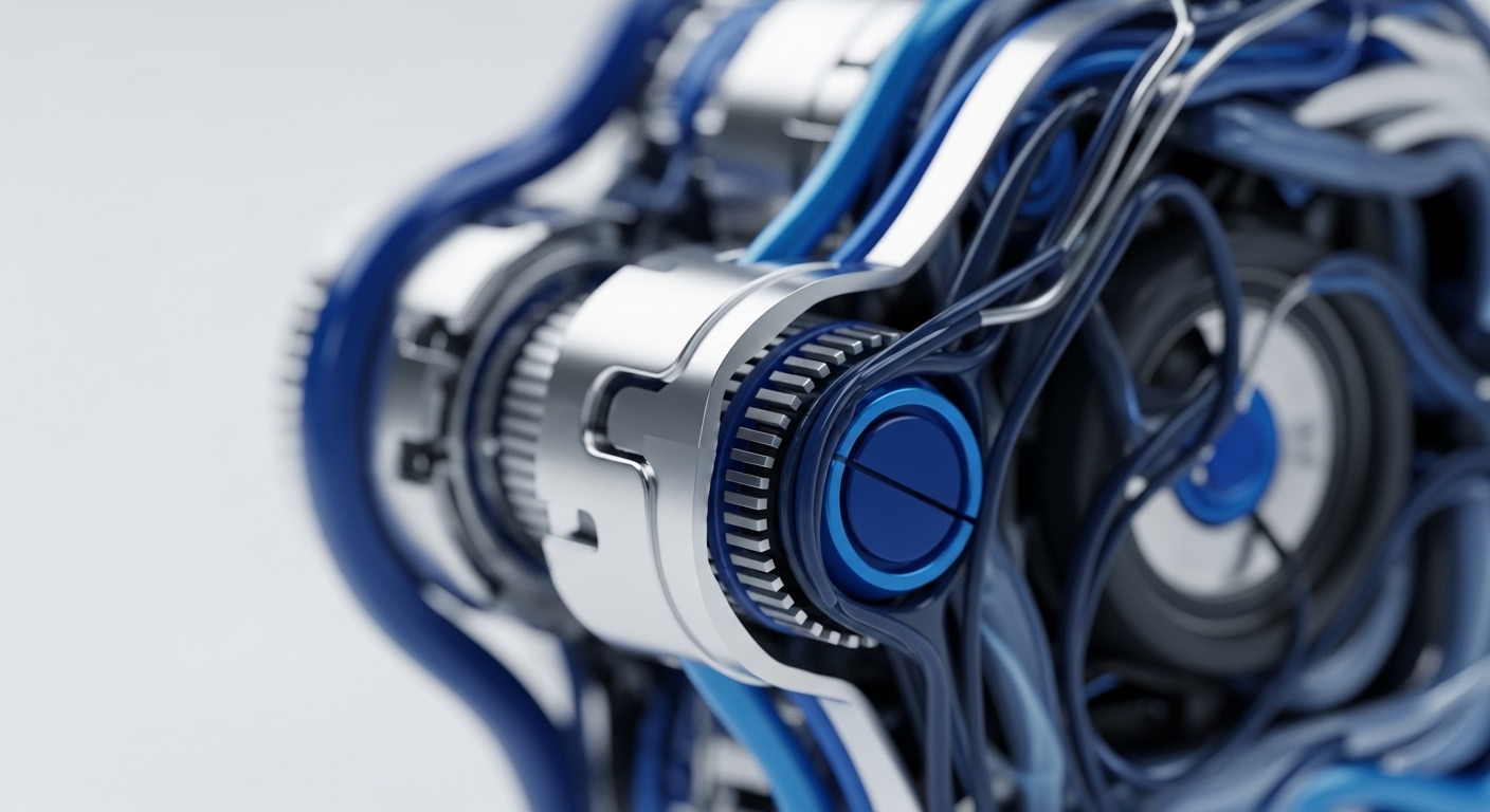 The image presents a close-up view of a complex, interconnected mechanical structure featuring metallic and vibrant blue elements. These components appear intricately designed, suggesting a highly engineered system with multiple pathways and interlocking parts