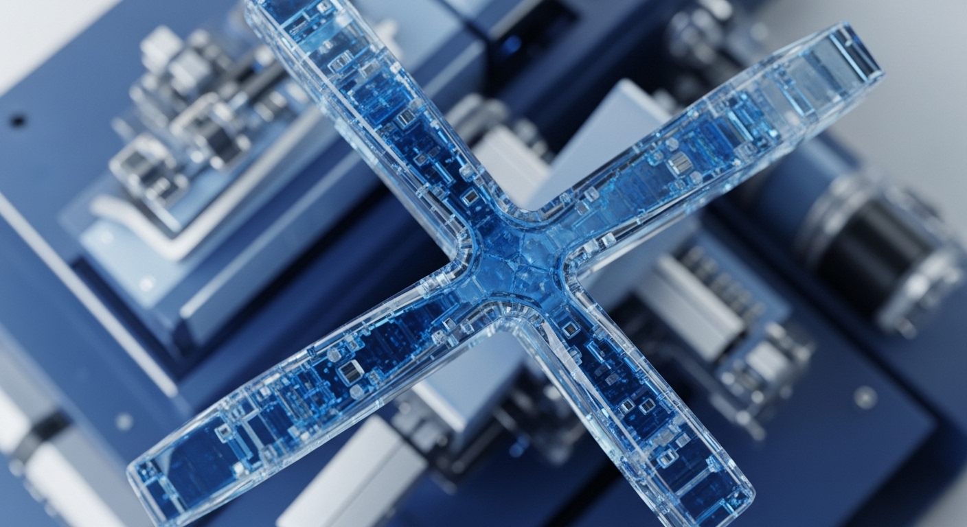 A transparent, luminous blue X-shaped component is prominently displayed, showcasing intricate internal pathways and circuitry. It is situated within a larger, blurred industrial or technological system rendered in shades of blue and gray