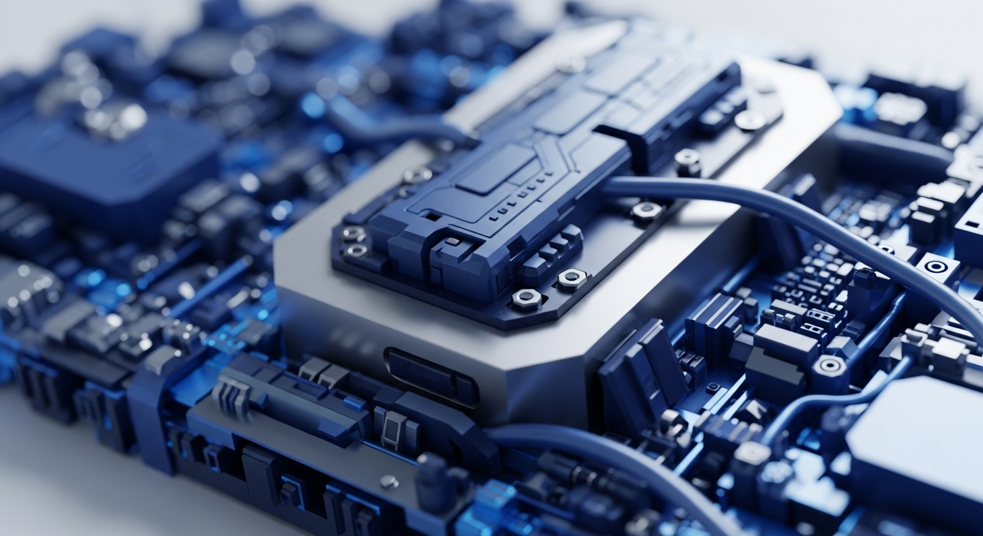 A detailed close-up reveals a sophisticated electronic assembly, featuring a central blue module secured with fasteners on a metallic base, surrounded by densely packed components and blue conduits. This intricate design evokes the hardware architecture essential for modern decentralized systems