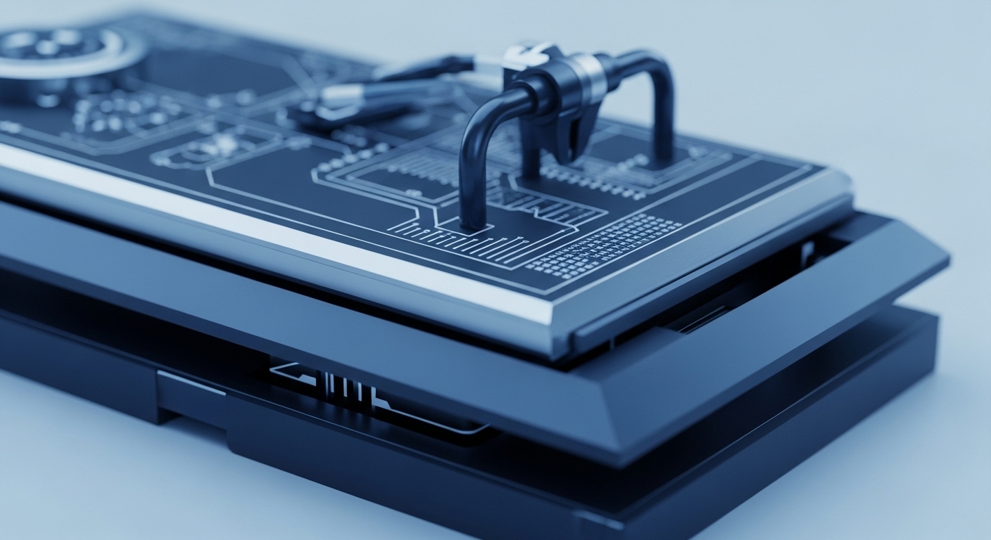 A close-up view reveals a sophisticated, multi-layered electronic device, predominantly dark blue with illuminated white circuit tracings. Metallic conduits, resembling a fluid transfer system, connect components on a top plate detailed with intricate schematics. This specialized hardware suggests an Application-Specific Integrated Circuit ASIC or secure enclave, designed for high-performance cryptographic operations. Its modular construction implies robust capabilities for decentralized ledger technology DLT node validation and efficient smart contract execution, crucial for corporate crypto infrastructure.