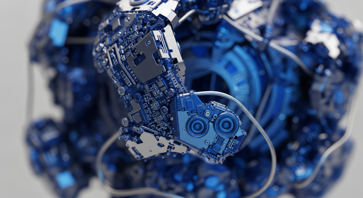 A close-up view presents intricate blue and silver mechanical and electronic components, featuring circuit board patterns, visible screws, and connecting wires. The foreground elements are sharply focused, contrasting with the blurred, glowing blue structures in the background