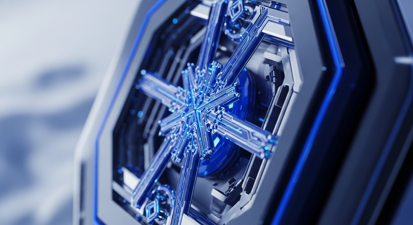 A close-up captures a futuristic, intricate digital mechanism, centered around a radiant blue, snowflake-like pattern within a dark hexagonal frame. Glowing blue lines illuminate its complex structure, emphasizing a core processing unit