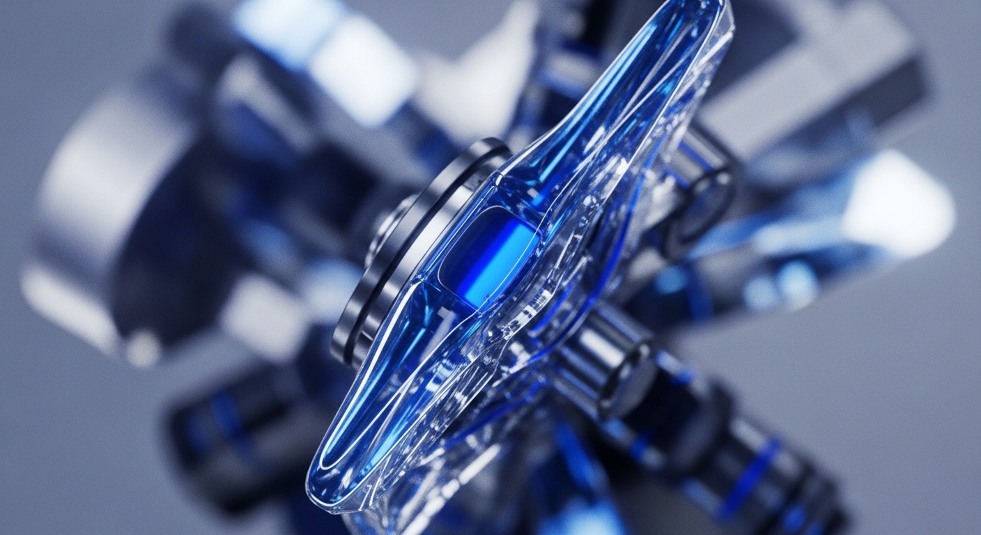 A highly detailed, close-up view reveals a futuristic, transparent blue and metallic mechanism, centrally focused and brightly illuminated. Intricate structural elements with glowing blue accents are visible, set against a softly blurred background of similar technological components, suggesting a complex, interconnected system