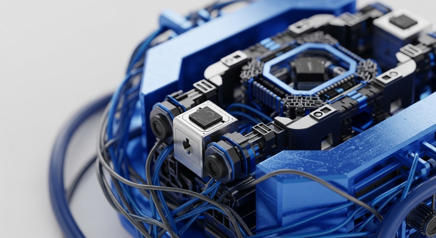 A close-up view reveals a sophisticated, metallic blue and gray technological construct with a dense arrangement of interconnected wires and circuit boards. At its core, a prominent, multi-faceted processor unit is visible, hinting at advanced computational capabilities