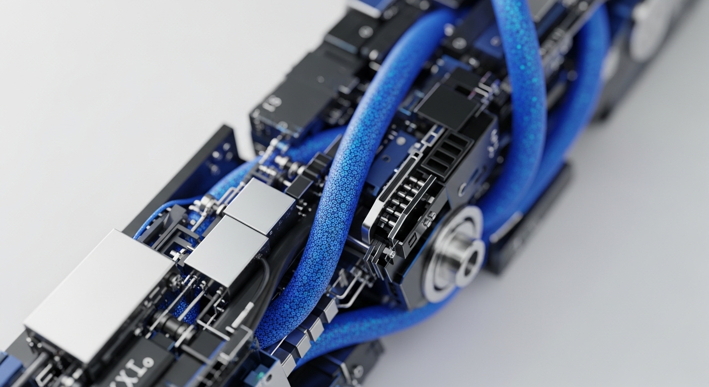 The image displays a detailed view of advanced technological components, featuring metallic structures and bright blue conduits arranged in a complex, interconnected fashion. This abstract representation evokes the sophisticated architecture of modern decentralized systems and the intricate workings of blockchain technology