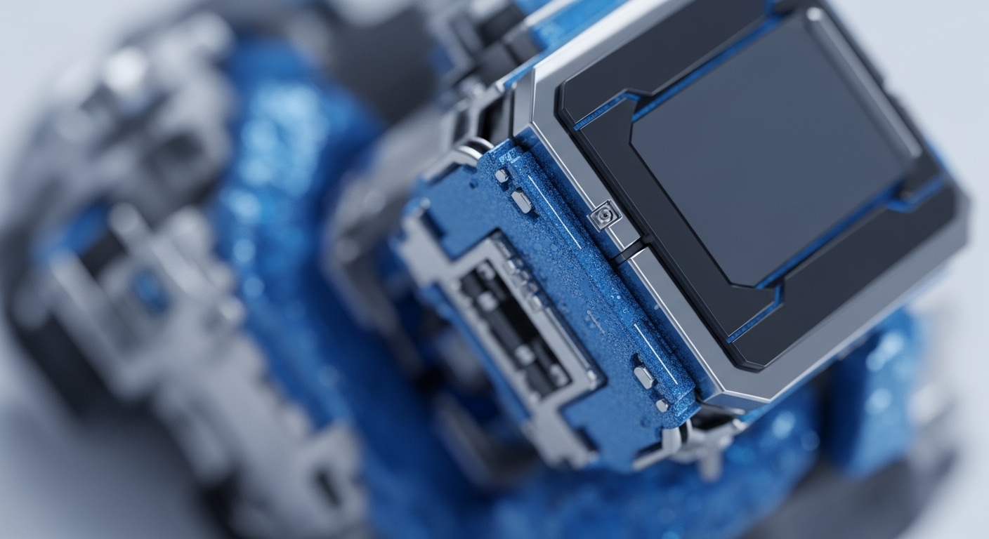 A close-up reveals a detailed, futuristic hardware component with a prominent dark screen and metallic blue textured casing. The intricate circuitry and connection ports suggest advanced functionality for digital systems