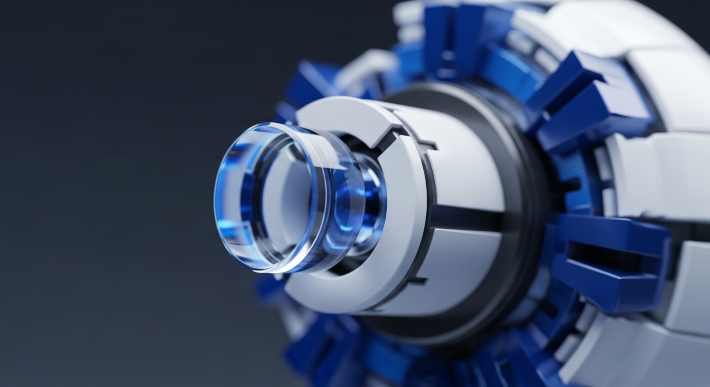The detailed view showcases a precisely engineered lens system, featuring multiple glass elements with clear blue accents, set within a robust white and blue segmented housing. This intricate design evokes the sophisticated architecture of decentralized systems