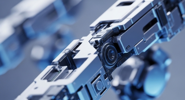 Close-up reveals a sophisticated, metallic, modular mechanism, featuring intricate interlocking components in cool blue and silver tones. Sharp focus on the foreground highlights precision engineering, suggesting a robust decentralized infrastructure. The integrated design evokes concepts of interoperability within blockchain protocols and the secure operation of validator nodes. This represents the underlying Web3 architecture crucial for digital asset security and efficient block propagation.