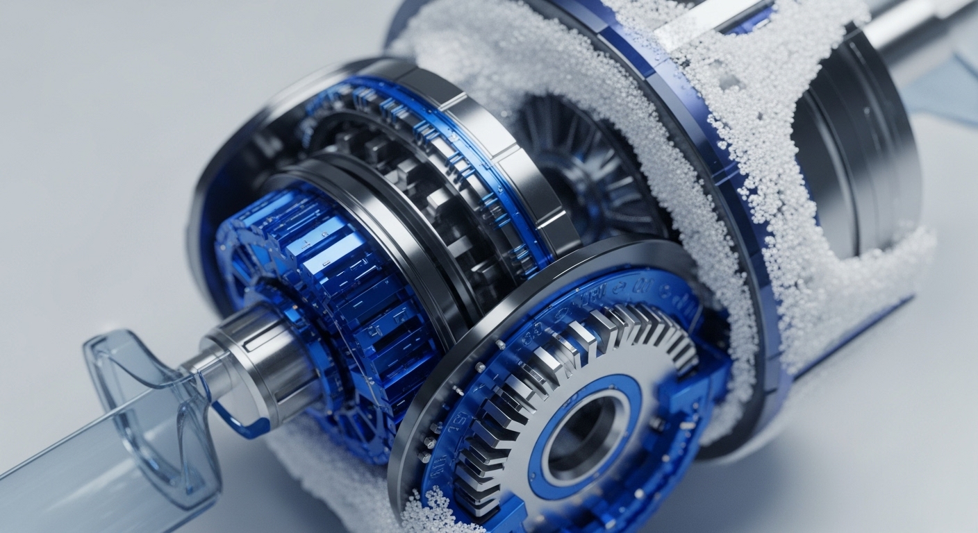 The image features a sophisticated mechanical assembly composed of blue and silver gears, shafts, and rings, intricately intertwined. White granular particles are scattered around and within these components, while a transparent, syringe-like element extends from the left