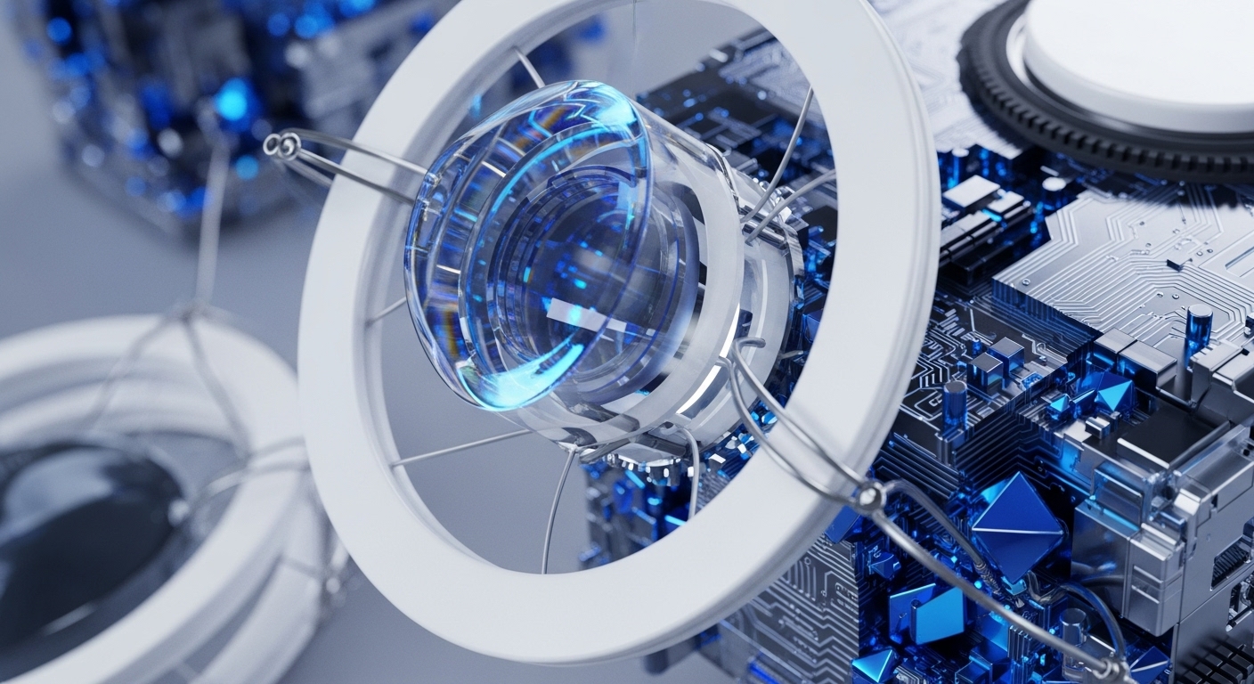 A gleaming crystalline lens, illuminated with vibrant blue light, is framed by a minimalist white torus and fine metallic filaments. This focal point is set against a backdrop of advanced technological components, including detailed circuit boards and sharp, crystalline blue structures, hinting at complex computational processes