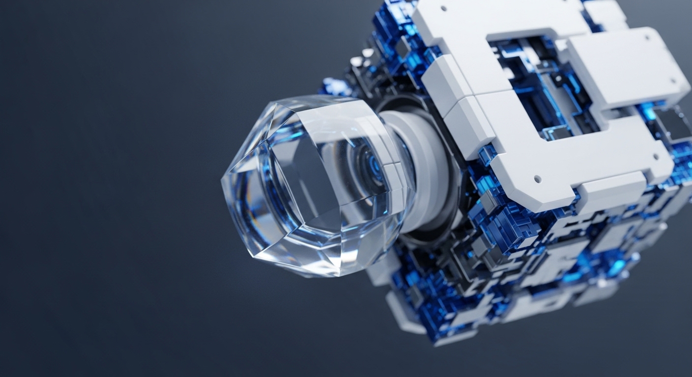 A multifaceted crystalline lens, akin to a precisely cut diamond, forms the focal point of a complex, modular cubic device. This device is adorned with exposed, intricate circuitry that glows with vibrant blue light, indicative of sophisticated computational processes