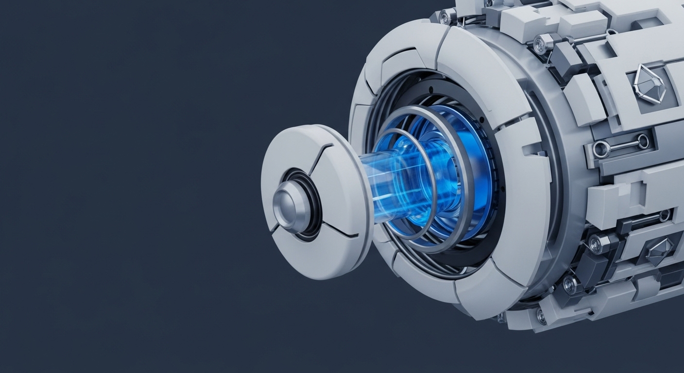 The image displays a highly detailed, futuristic mechanical device featuring a vibrant blue energy conduit at its center, surrounded by complex interlocking components. This visual represents the sophisticated infrastructure powering advanced blockchain applications