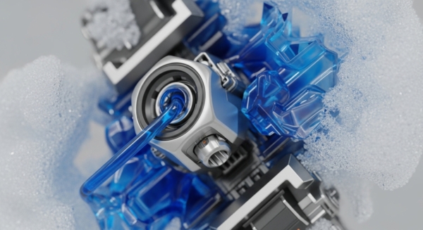 Advanced liquid-cooled computational hardware, partially submerged in a frothy dielectric fluid. A central metallic housing features a glowing blue energy conduit, indicating active data processing or cryptographic hashing. Translucent blue geometric components, resembling a specialized ASIC array, are integrated into the robust infrastructure. This setup optimizes thermal management for sustained high-performance operations, crucial for blockchain network validation and superior transaction throughput within decentralized finance protocols, signifying enterprise-grade hardware.