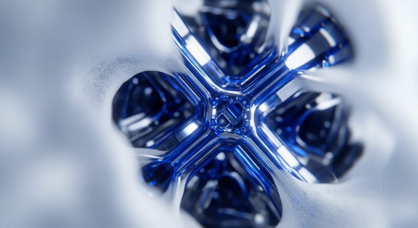 A vibrant blue, multi-limbed, highly reflective structure, resembling a complex digital core, is centered within a soft, white, textured environment. The central blue element features intricate mechanical details and brilliant light reflections, creating a dynamic visual