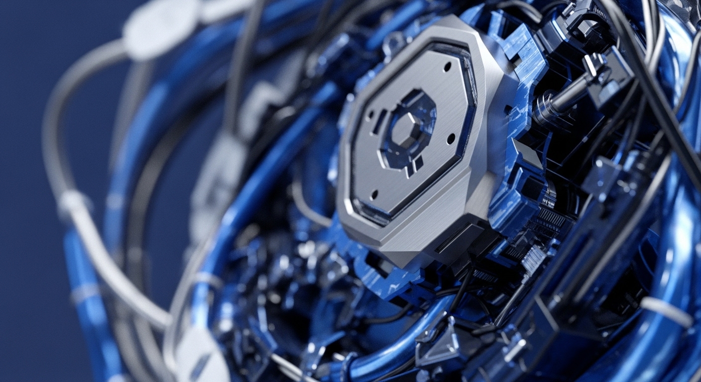 A sophisticated mechanical assembly is prominently displayed, centered on a hexagonal silver module with brushed metallic textures and precise bolt patterns. Reflective blue components and dark interconnecting wires emanate, symbolizing a robust distributed ledger network. This intricate design suggests a critical consensus mechanism or a secure smart contract execution environment. The composition evokes advanced blockchain infrastructure, potentially representing a high-performance validator node or a powerful tokenomics engine focused on digital asset security.