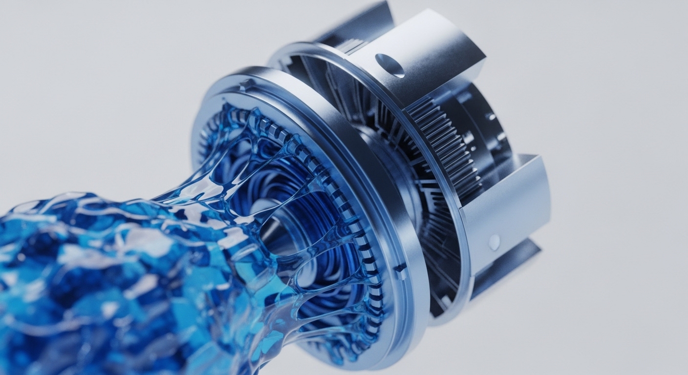 An intricate, silver-toned mechanical device with finely detailed gears and structural fins dominates the frame, while a vibrant, crystalline blue substance flows dynamically through its transparent central channel. The metallic components suggest a robust, engineered system, contrasting with the fluid, energetic movement of the blue material