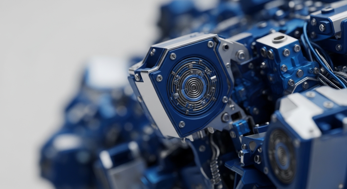 A detailed close-up presents a sophisticated mechanical assembly, featuring metallic blue and polished silver components. The focal point is a hexagonal blue panel, precisely fastened with bolts, housing an intricate circular element with concentric rings and radial segments