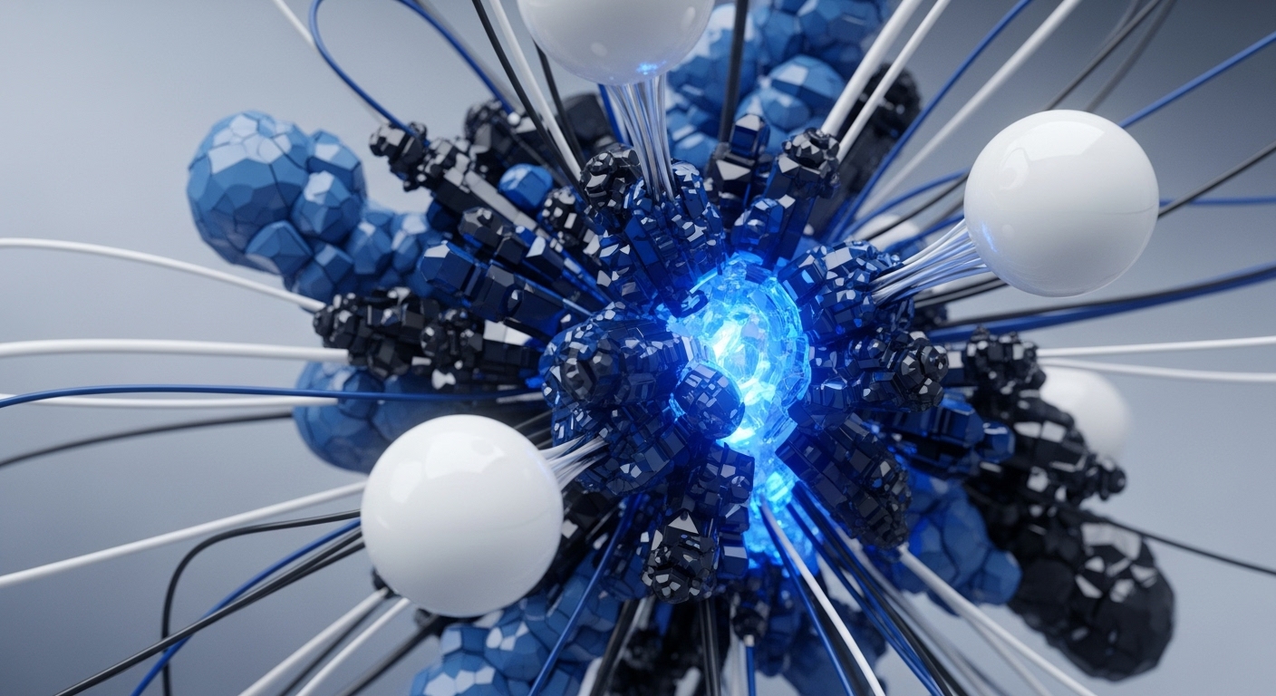 A vibrant abstract digital composition features a central glowing blue orb surrounded by intricate dark blue and black geometric shapes. Various white, black, and blue lines extend outwards, connecting to smooth white spheres and larger textured blue clusters