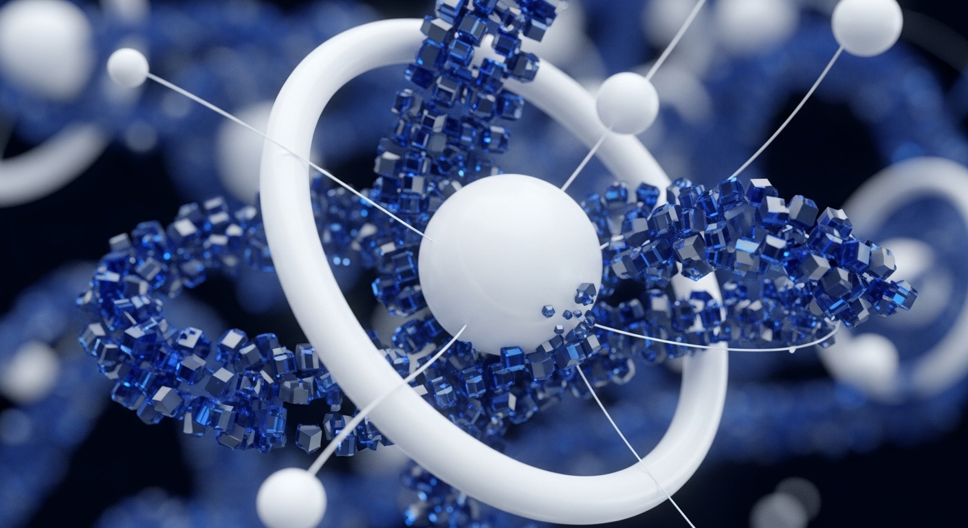 A central white sphere is enveloped by a torus-like structure and a complex lattice of blue crystalline cubes, all connected by thin white lines to other spheres and structures. This abstract representation visualizes the fundamental architecture of advanced blockchain networks and decentralized applications