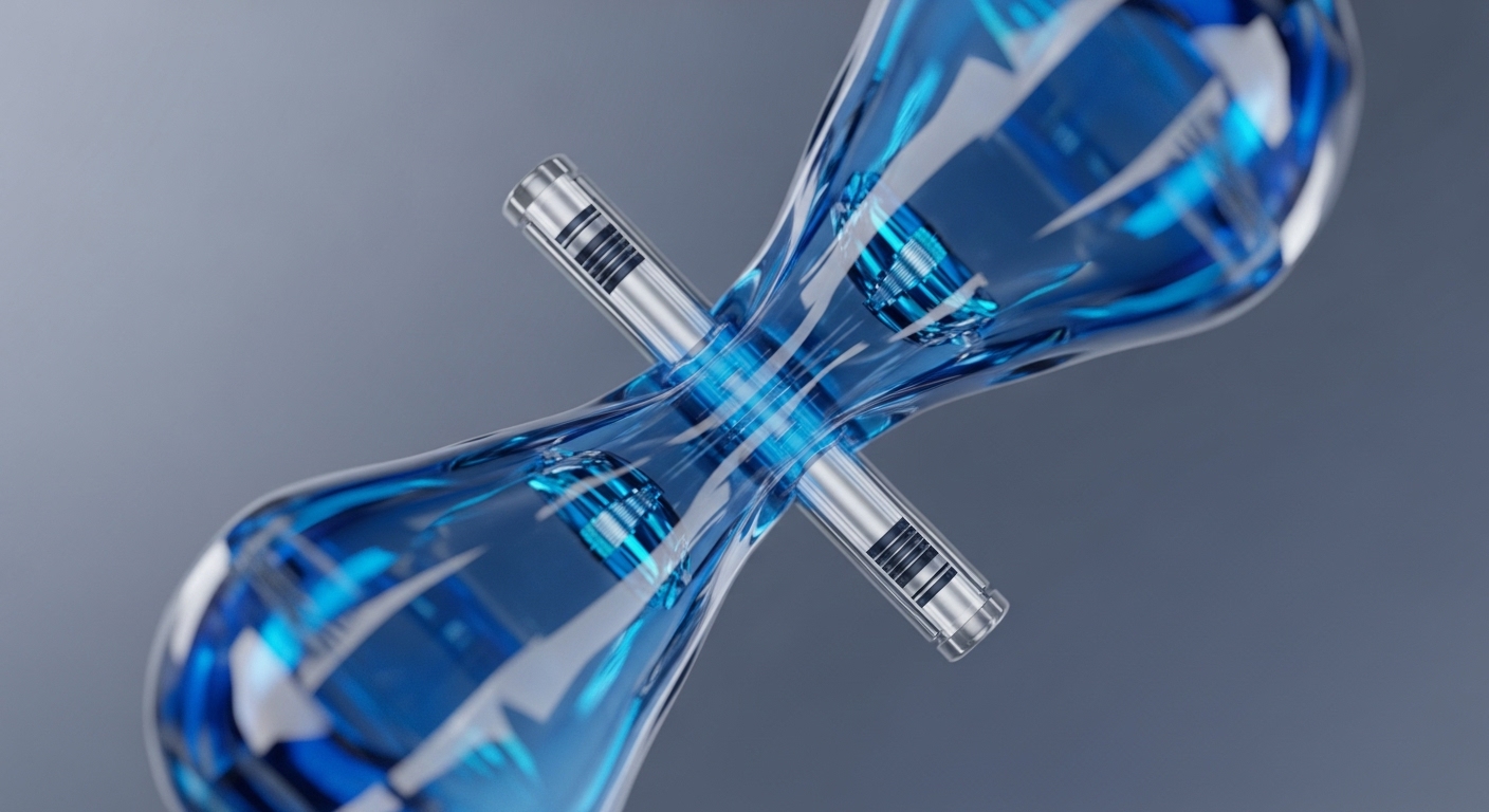 A vibrant blue, translucent, hourglass-shaped structure, filled with flowing light, dominates the frame, intersected centrally by two silver metallic rods forming an 'X' against a soft grey background. The internal blue elements suggest dynamic movement within the clear container, highlighting a complex interplay of light and form