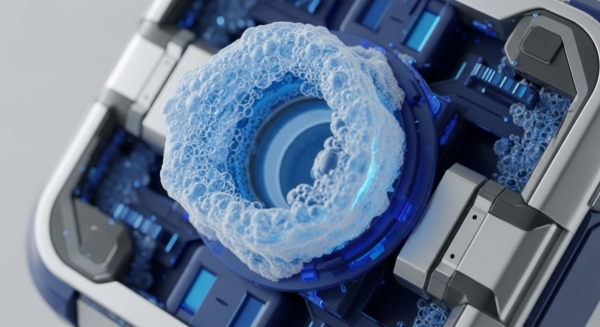A close-up view reveals a dynamic central circular processing unit, brimming with effervescent blue bubbles, suggesting active liquidity pool operations. Surrounding this core, intricate dark blue and silver metallic structures feature glowing blue conduits, indicative of robust blockchain architecture and data pathways. The frothy substance signifies constant transaction processing and network dynamics, where digital assets are algorithmically exchanged. This represents a complex decentralized finance DeFi mechanism, emphasizing computational integrity and protocol execution.