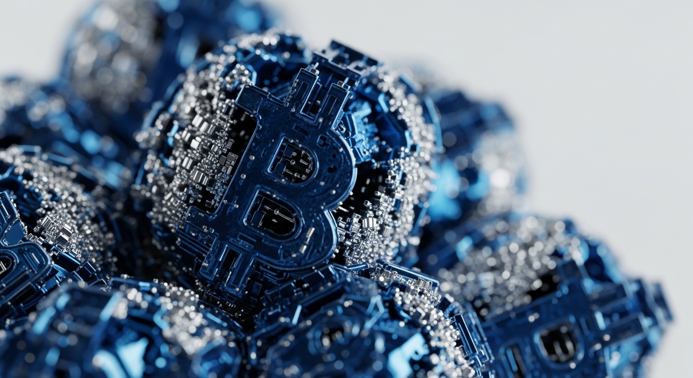 A detailed macro shot presents a cluster of metallic blue Bitcoin symbols, each sculpted with intricate circuit board etchings and studded with countless small, reflective silver components. The foreground features a sharply focused Bitcoin icon, while others blur into the background, creating a sense of depth and abundance