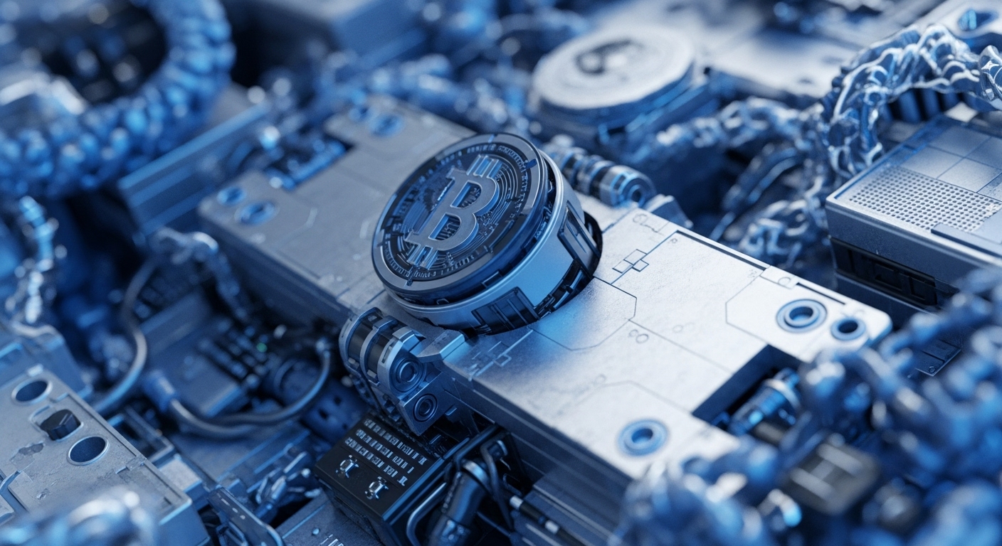 A metallic Bitcoin coin with intricate circuit patterns sits centrally on a complex array of silver-toned technological components and wiring. The surrounding environment consists of dense, blue-tinted machinery, suggesting a sophisticated computational system designed for high-performance operations