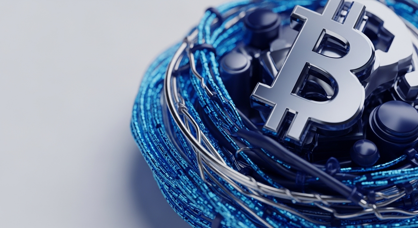 A polished silver Bitcoin emblem is nestled amidst a dense matrix of bright blue and metallic wires, forming a protective, almost organic structure. This imagery symbolizes the sophisticated network infrastructure essential for cryptocurrency operations, particularly the blockchain technology that ensures transaction integrity