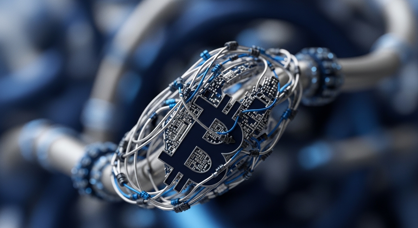A prominent metallic Bitcoin symbol, detailed with intricate circuit board patterns, is enveloped by a dense array of silver and blue wires, signifying its embedded nature within a complex digital framework. Small electronic components are visibly integrated, suggesting sophisticated data flow and processing within this advanced structure