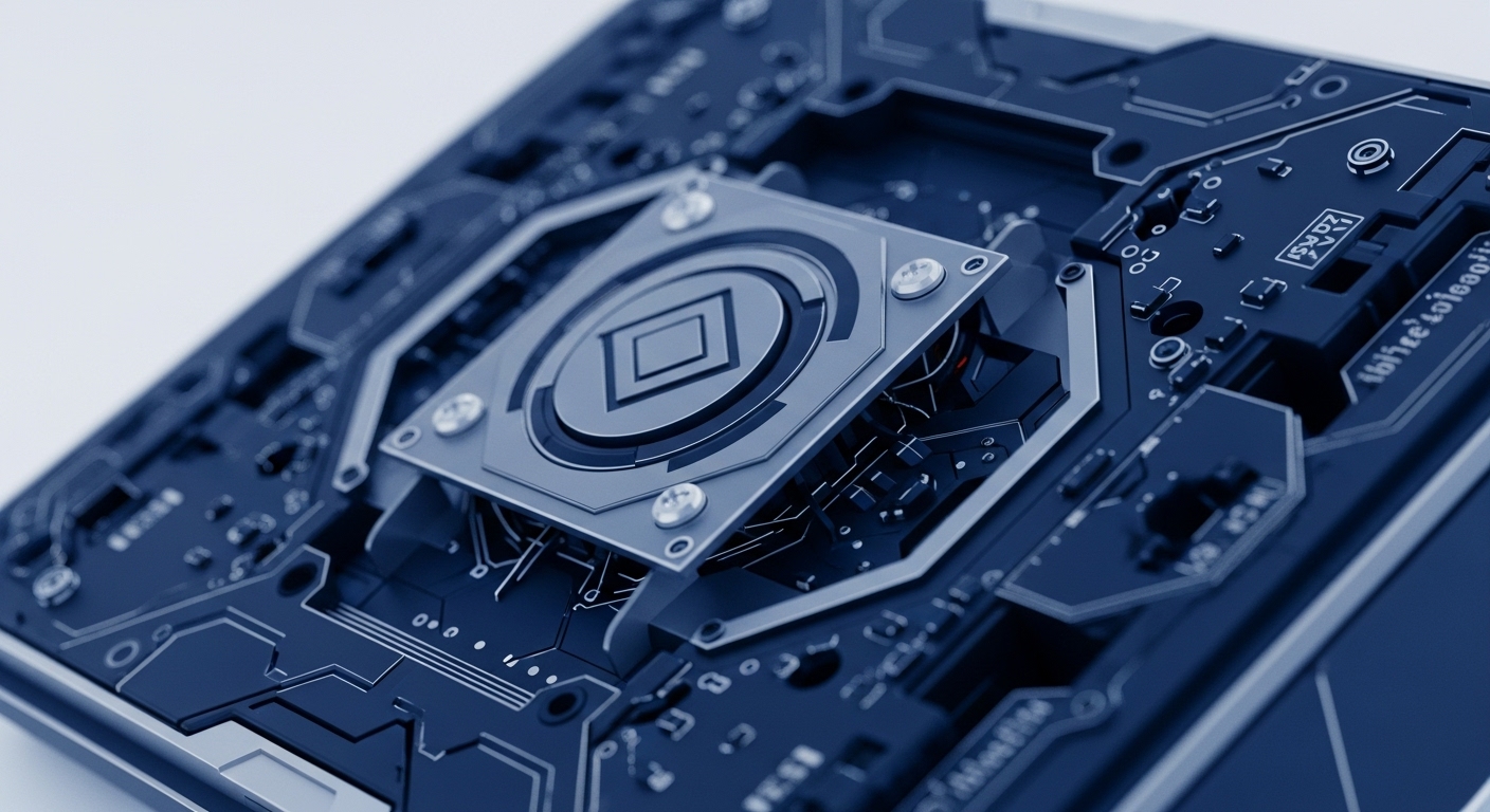 A high-resolution, angled view captures the intricate details of a dark blue circuit board. A central, metallic hexagonal module, secured by four screws, prominently displays a diamond-shaped symbol within concentric circles
