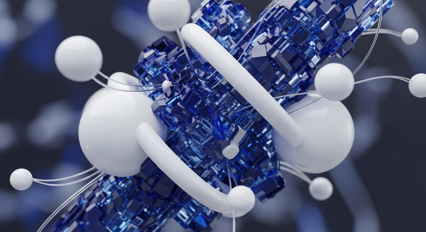 A dense aggregation of faceted blue crystals forms the core, evoking a digital architecture or a distributed ledger. Surrounding this are polished white spheres and torus shapes, linked by delicate metallic threads that imply a sophisticated network