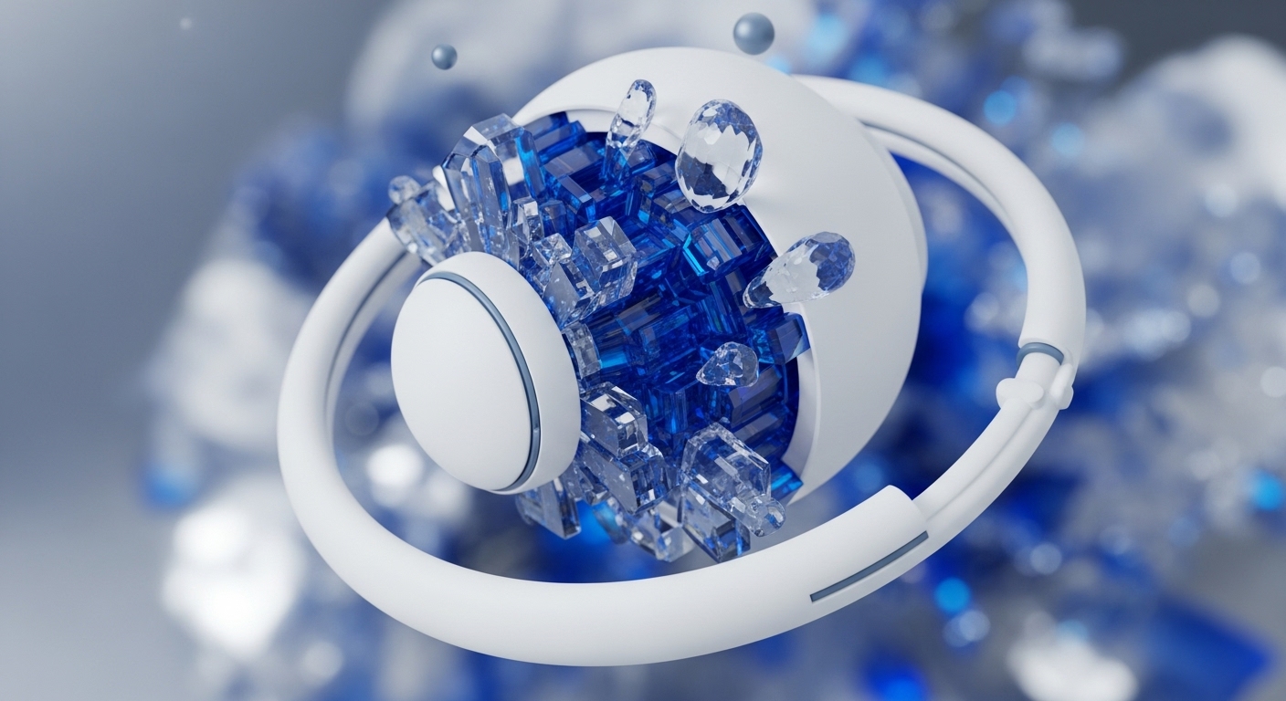A pristine white structural framework encapsulates a dynamic core of interconnected blue and transparent crystalline blocks. These elements, reminiscent of blockchain data blocks, appear to be in a state of active transaction processing and on-chain data aggregation