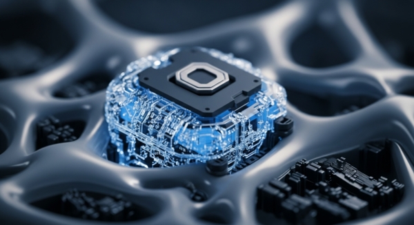 A dark grey central processing unit, with a prominent silver octagonal core, rests atop a luminous blue circuit board. This intricate hardware component is embedded within a dark, undulating matrix. The glowing blue traces evoke active data flow, representing a core cryptographic primitive within a decentralized ledger technology framework. This processor signifies a dedicated node validation unit or a specialized consensus mechanism engine, vital for smart contract execution across a distributed network.