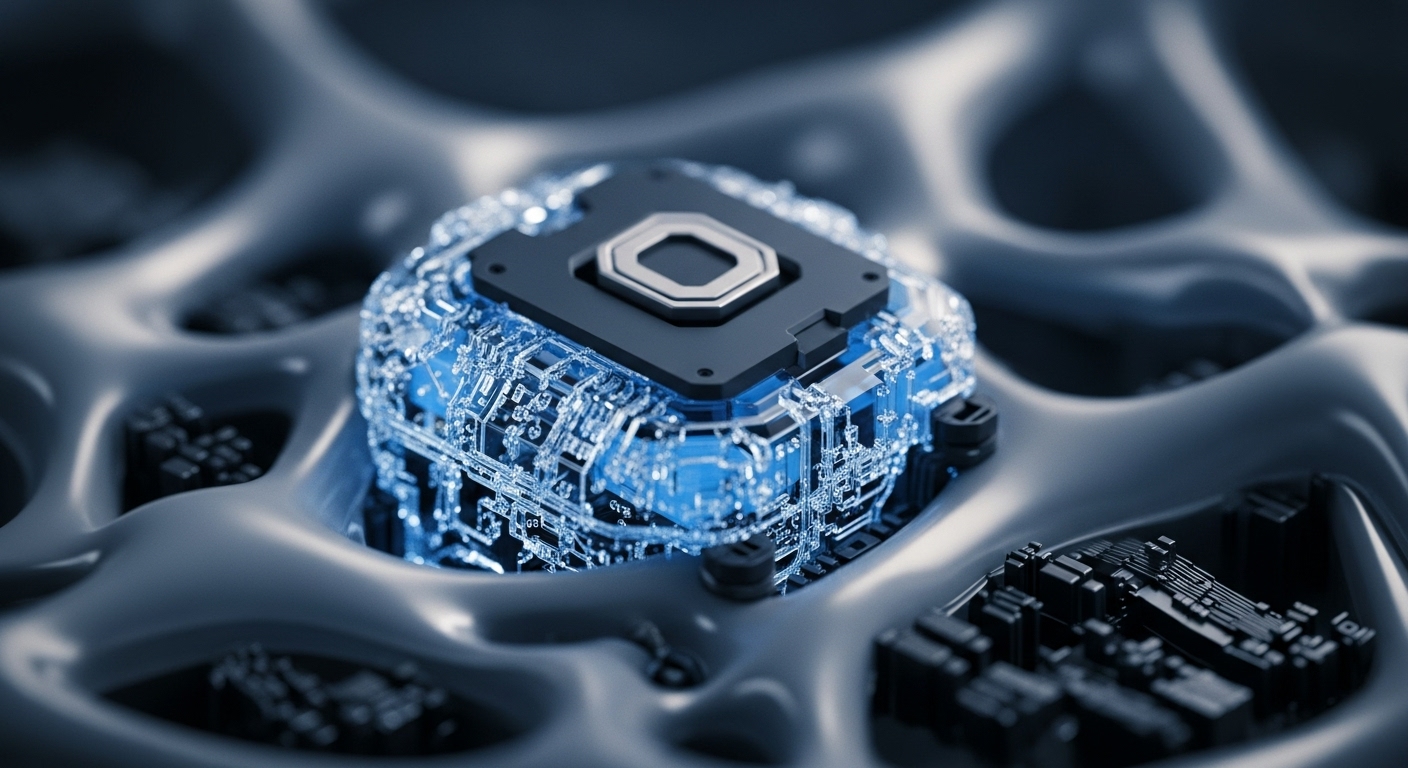 A dark grey central processing unit with a silver octagonal core is depicted, situated on a vibrant, glowing blue circuit board. This assembly is nestled within a dark, organic-looking matrix, showcasing intricate components and structures
