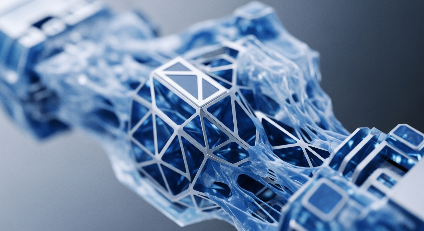 A close-up view presents a futuristic abstract structure, characterized by a central grid of silver-edged geometric shapes containing a vibrant blue core. Surrounding this, a lighter, organic, web-like translucent material seamlessly integrates, suggesting dynamic interaction and flow across the composition