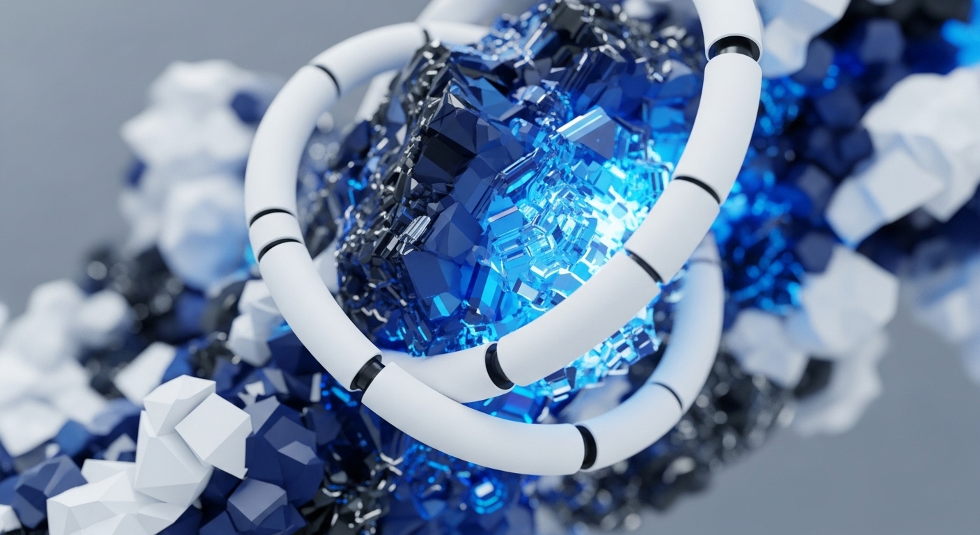 The image displays a vibrant abstract composition featuring a glowing blue crystalline cluster at its core, enveloped by darker, angular geometric blocks. Smooth, white segmented structures intertwine around the central elements, contrasting with the sharp facets