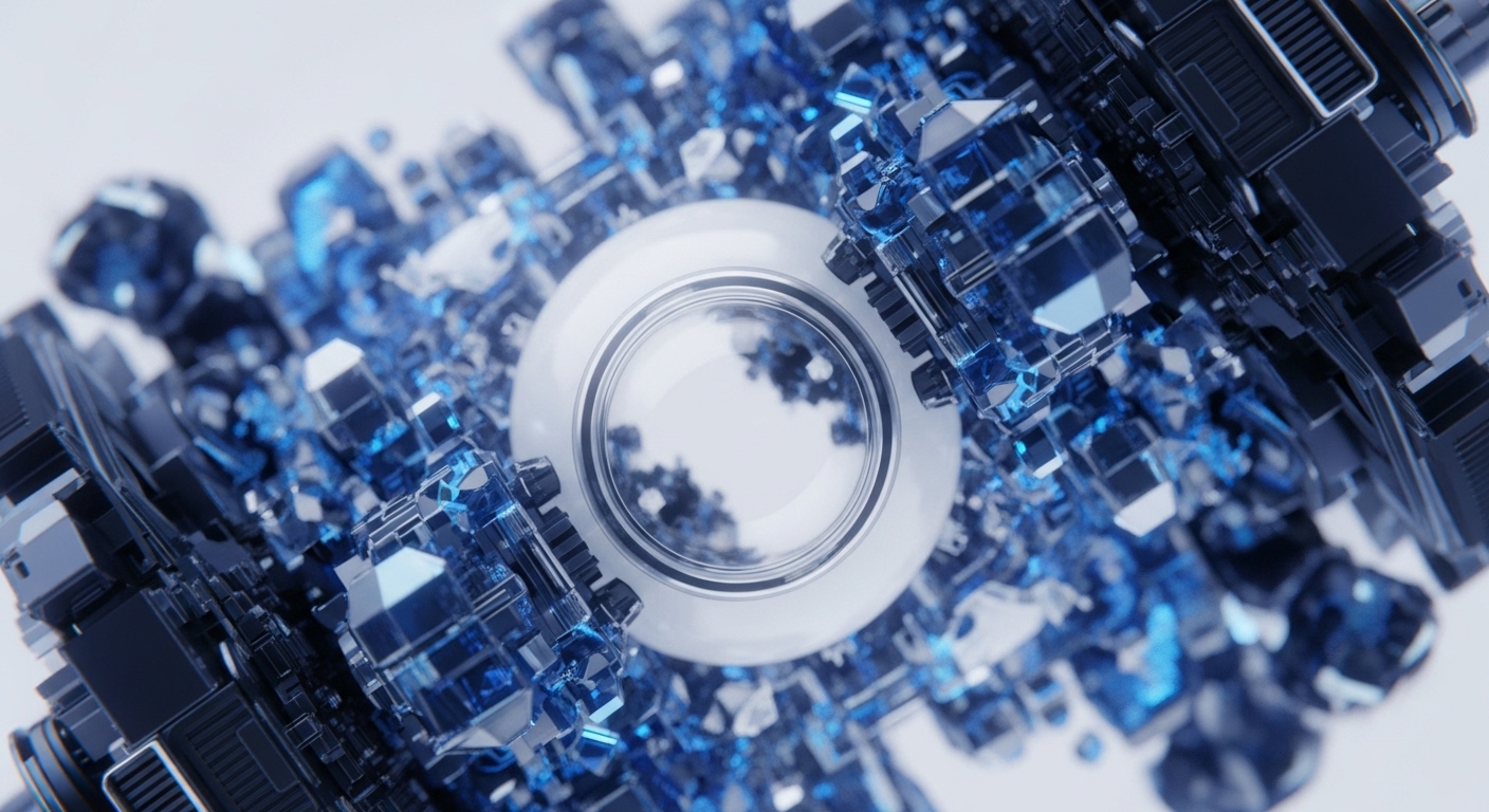 A gleaming white orb sits at the core of a dynamic, crystalline formation composed of sharp blue geometric fragments and dark, segmented mechanical elements. This visual metaphor delves into the fundamental architecture of distributed ledger technology