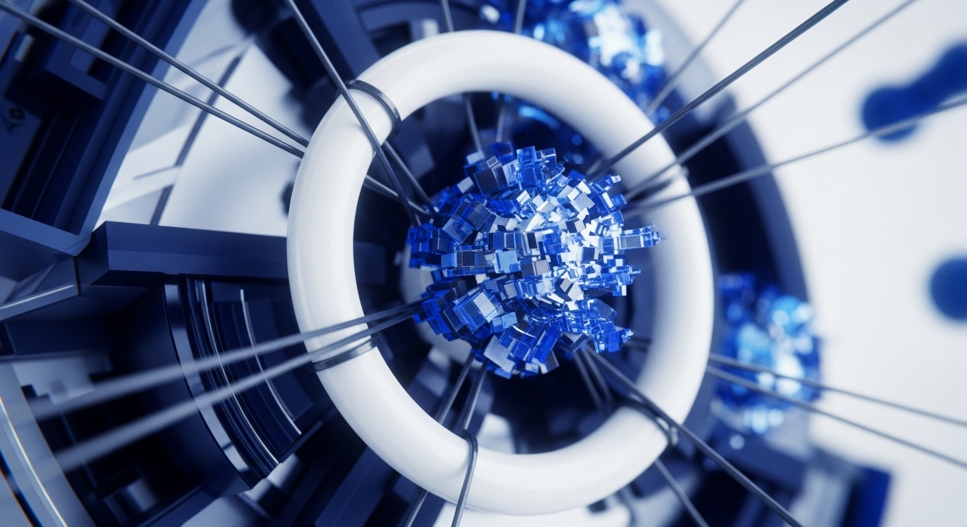 A prominent white ring encircles a dense cluster of translucent blue cubes, intricately connected by thin dark lines to a dark blue, angular background structure. This abstract visualization captures the complex interplay within a decentralized ecosystem