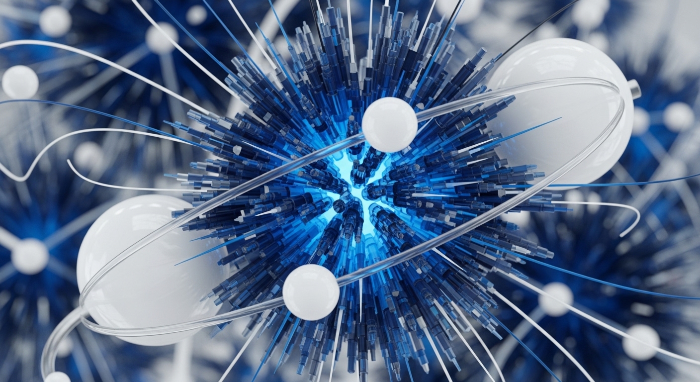 A central, luminous blue core radiates amidst a dense formation of dark blue and clear crystalline spikes. White, reflective spheres orbit this intricate structure, connected by thin, transparent lines