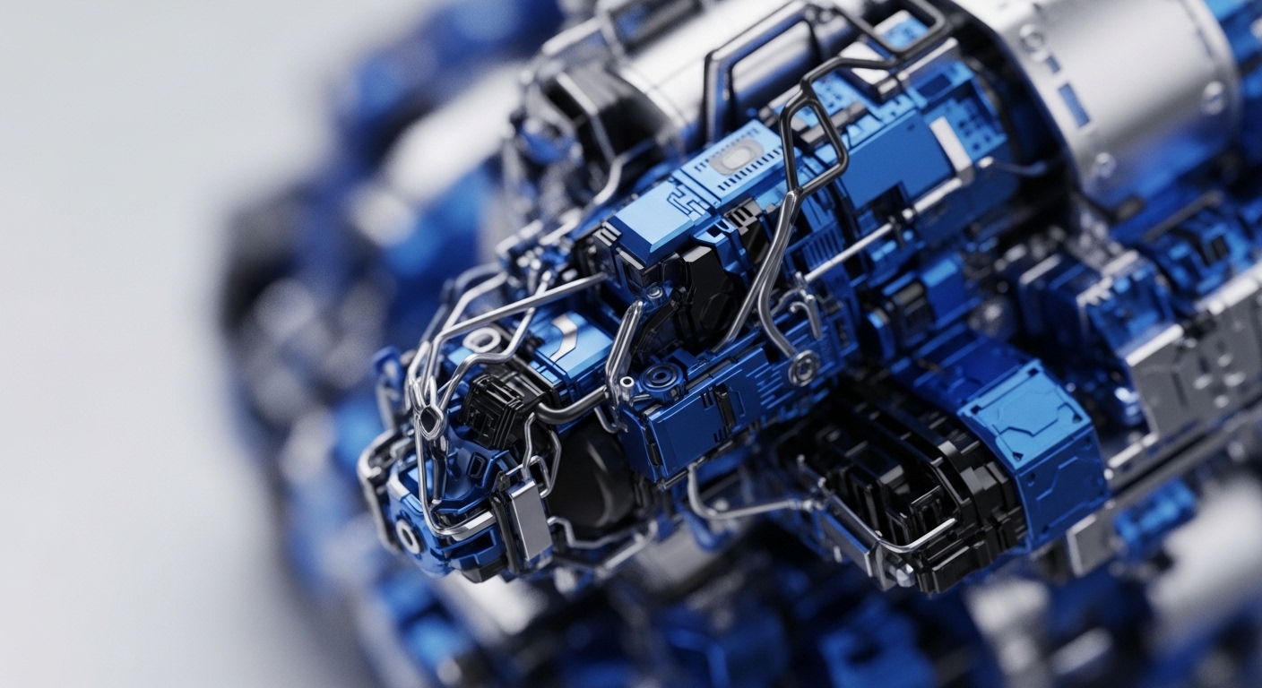 A close-up view reveals a highly detailed metallic structure with prominent blue and silver elements, interwoven with fine silver wiring. This intricate design visually represents the underlying mechanisms of blockchain technology and decentralized networks