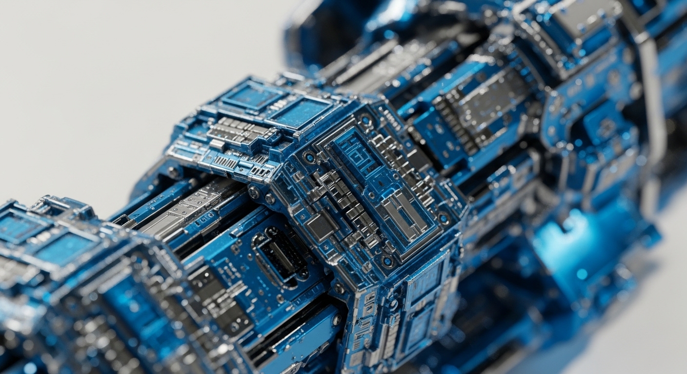 A detailed, close-up perspective showcases a highly intricate, futuristic metallic mechanism. Its surface is primarily electric blue, complemented by gleaming silver and chrome components, revealing a complex arrangement of interlocking modules and pathways